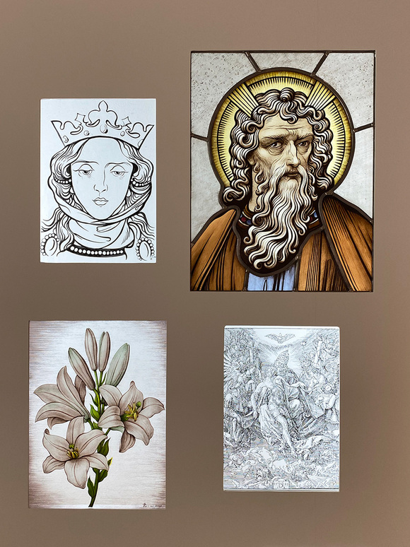 水永阿里紗 ステンドグラス作品「デューラーの三位一体」「キリスト像」「ユリの花」